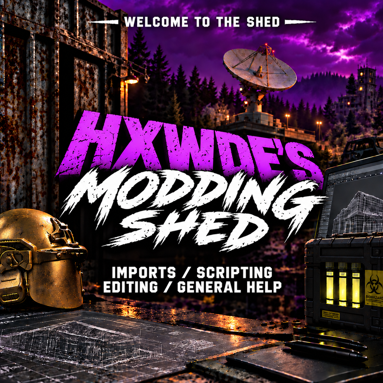 HXWDE’S Modding Shed artwork with a purple sky, satellite dish, helmet and modding workbench